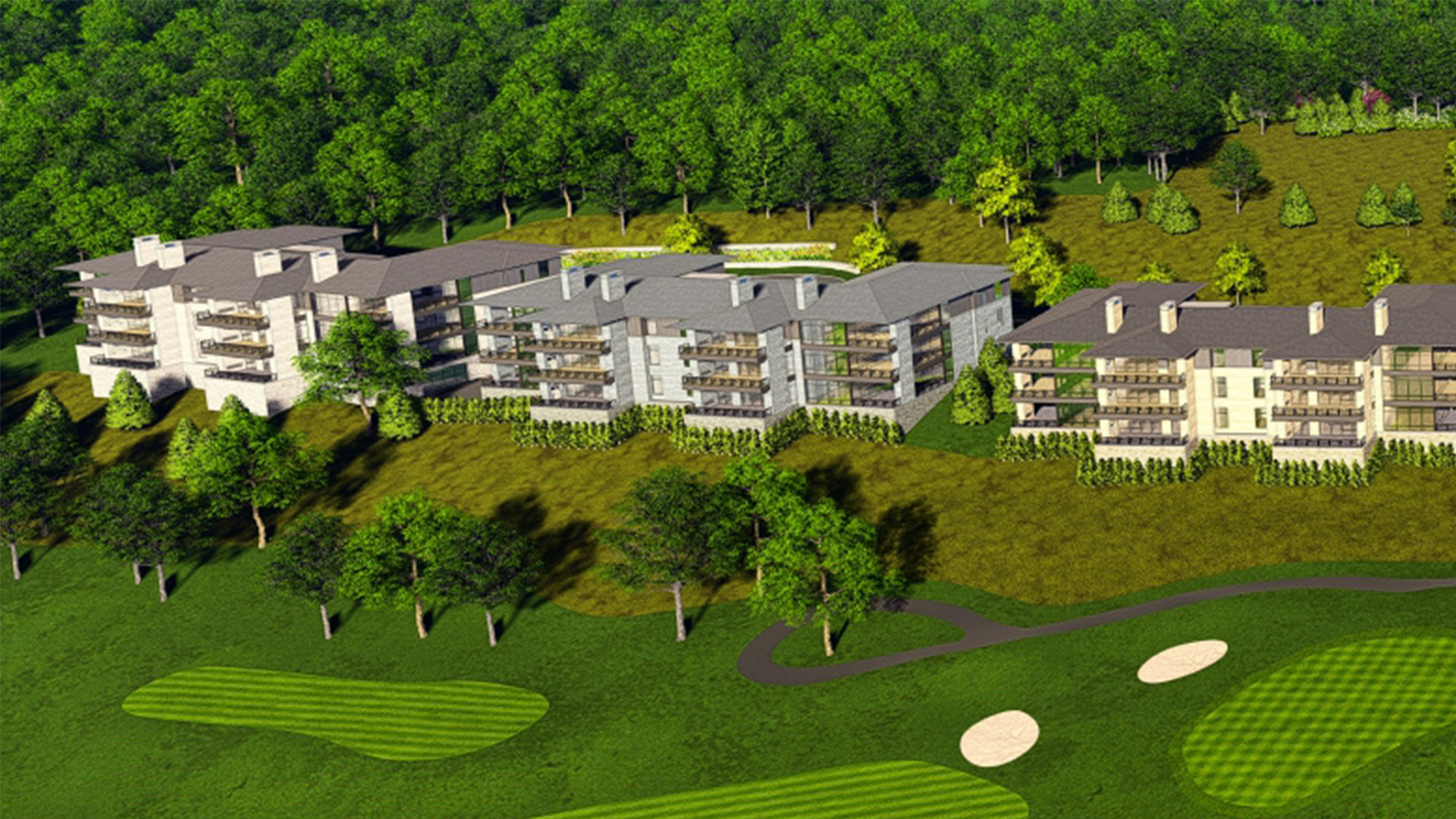 Aerial view of residences and clubhouse at The Summit Club, Westchester, NY